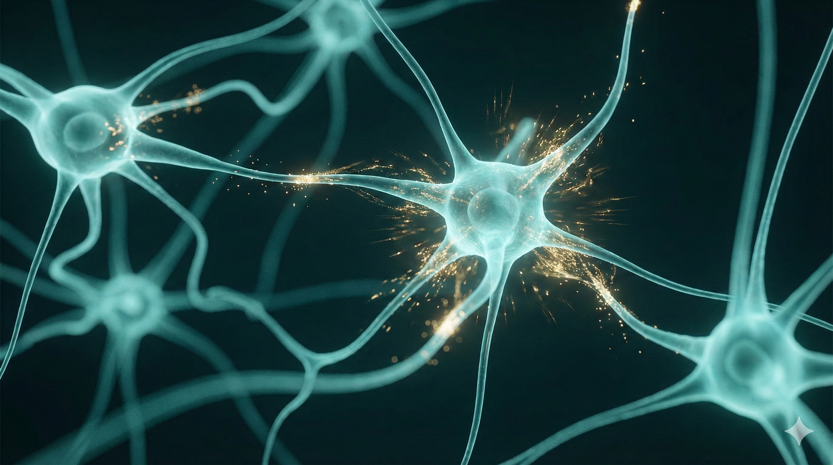 Neural pathways and cellular structures glowing with teal light